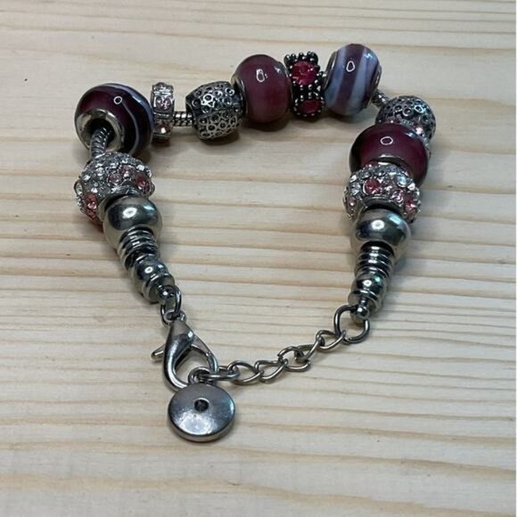 Beaded Bracelet With Burgundy Glass & Silver-Tone Metal Beads Adjustable - Picture 6 of 6